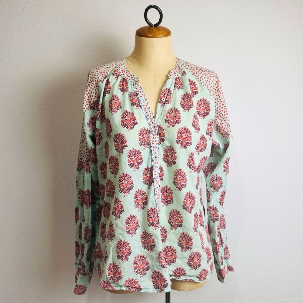 Sundance Rosalie Block Print Turquoise Button Down Top